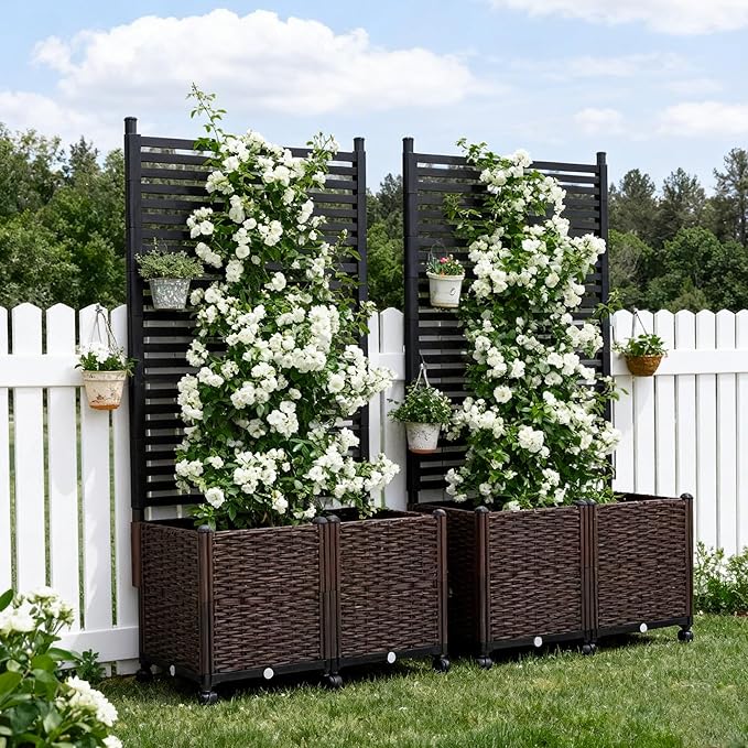 Planter Box with Privacy Screen, 6ft Plastic Raised Garden Bed with Lattice Trellis & Lockable Wheels, Privacy Planters for Patio, Planter Box for Climbing Plants, Flower