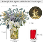 Fake Flowers with Vase, Silk Dusty Blue Rose Hydrangea Lavender Artificial Cemetery Flowers in Vase Faux Dahlia Flowers Arrangement for Table Centerpiece Summer Spring Gravesites Grave Home Decor