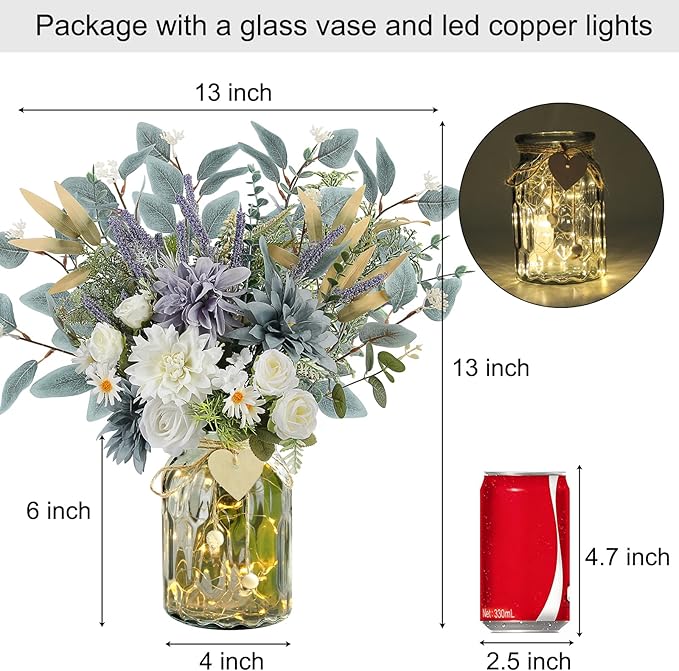 Fake Flowers with Vase, Silk Dusty Blue Rose Hydrangea Lavender Artificial Cemetery Flowers in Vase Faux Dahlia Flowers Arrangement for Table Centerpiece Summer Spring Gravesites Grave Home Decor