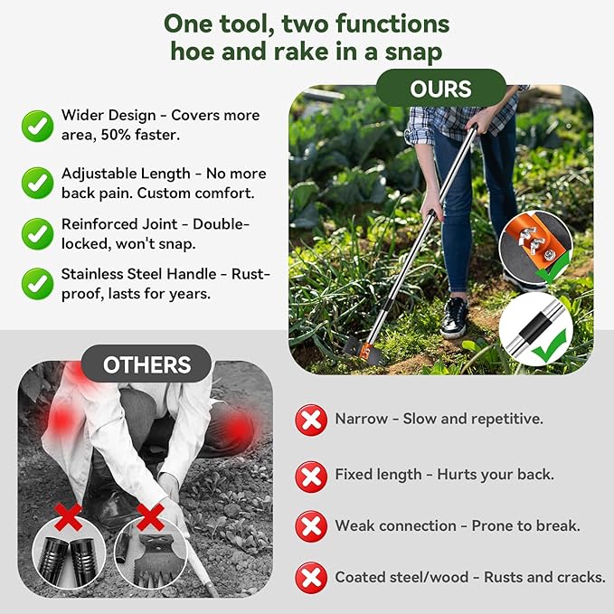 Garden Hoe & Weed Puller Tool with Long Handle, 60 Inch,Manual Weed Remover Tool, 3-in-1 Weed Rake & Grabber & Pruning Shears, Dandelion Gardenia Heavy Duty Uprooting Tool for Yard, Lawn and Garden