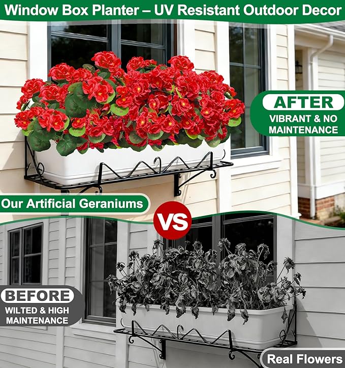 Artificial Geraniums Flowers for Outdoors Mother's Day Derby Day Decor, 4 Bundles Fake Flowers Silk Red Flowers UV Resistant No Fade Faux Plants for Garden Planter Patio Indoor Cemetery Summer Decor