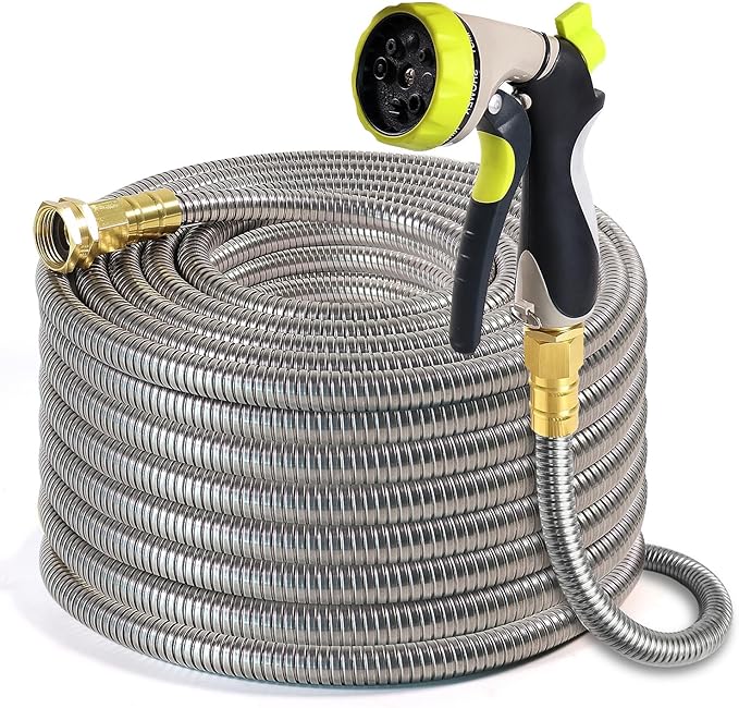 Metal Garden Hose 50 ft – 304 Stainless Steel Water Hose with Nozzle Sprayer, Garden Hoses Flexible, Lightweight, No Kink, Heavy Duty for Outdoor (50 ft)