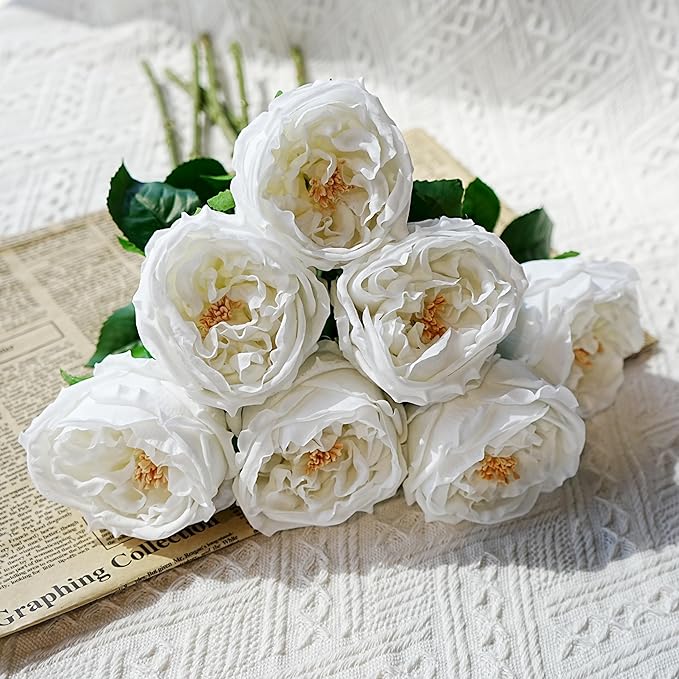 Jahe 6Pcs Fake Austin Flowers David Austin Roses, 17'' Faux Peonies for Flower Arrangements, Home Decor Peony Artificial Flowers, Living Room Decoration Vivid Roses Peonies, White