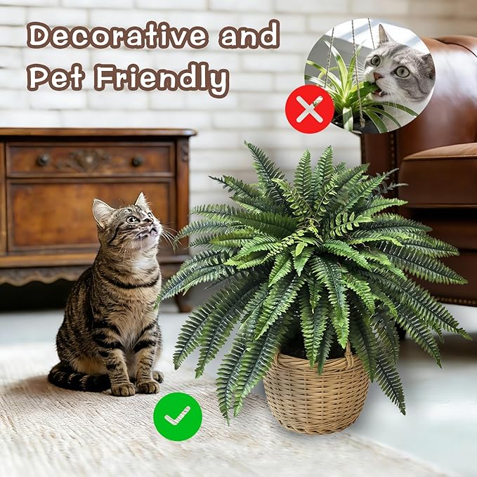 Senjie Artificial Boston Fern 2 Set 48Inch Large Fake Ferns for Outdoors Faux Plant with 55 Fronds for Home Living Room Office Decor