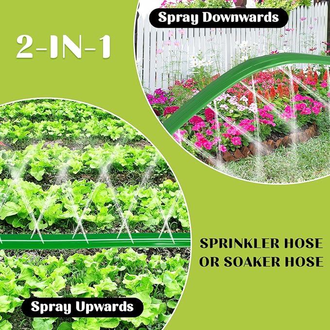 prinkler Soaker Hose for Yard 50 FT with Holes, Flat Garden Soaker Hose with Staples, Heavy Duty No-Kink Drip Hose Sprinkler Watering Drip Irrigation Hoses for Lawn Vegetable Garden Watering System