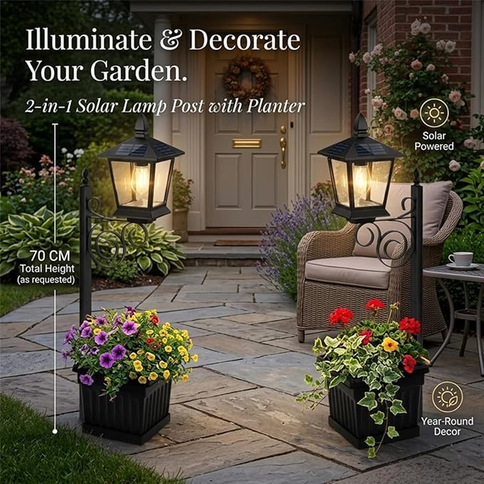 2-in-1 Outdoor Solar Lamp Post Light with Planter: Illuminate & Decorate Your Garden, 2-in-1 Solar Lamp Post with Planter, Solar Post Light with Planter, for Patio, Front/Back Door Decor (1 Set)
