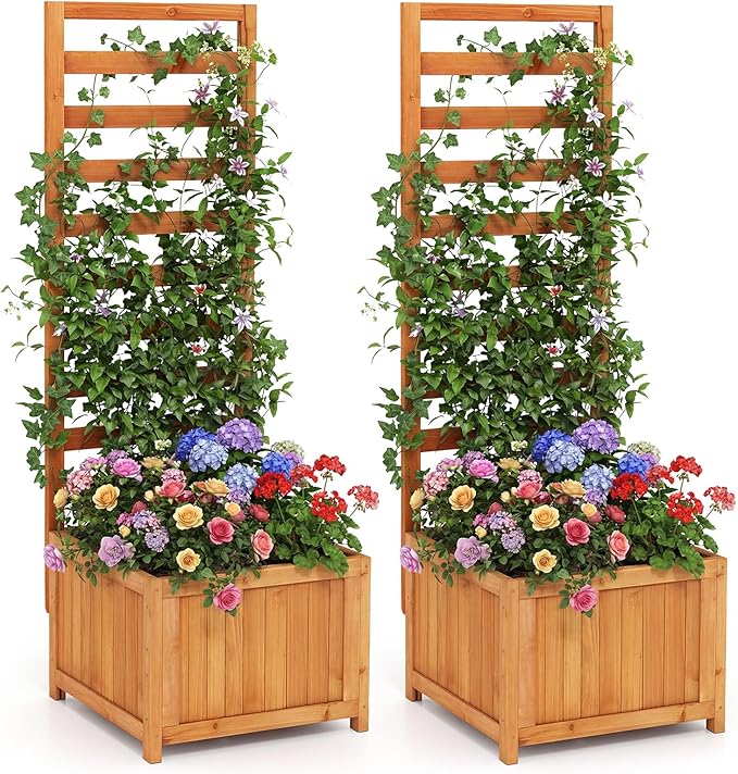 HAPPYGRILL Raised Garden Bed with Trellis, 48" Wood Elevated Planter Box w/Drainage Holes & Gaps for Climbing Plants Vines Flowers, Indoor Outdoor Privacy Fence Planter Raised Bed for Patio Yard (2)