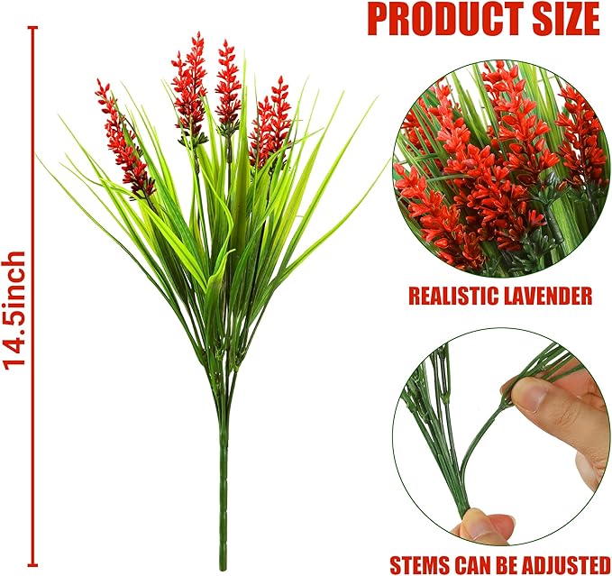 Sggvecsy 12 Bundles Artificial Plants Outdoor Faux Lavender Flowers Fake Monkey Grass UV Resistant Plastic Greenery Plants for Garden Home Porch Window Patio Hanging Planter Indoor Decor (Red)