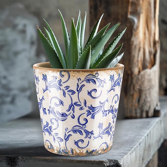 Beeveer Farmhouse Ceramic Planter 5.5 Inch Large Plants Pot Crack White Blue Flowers Plant Pots with Drainage Hole Indoor Plants Kitchen Rustic Antique Decor Gift