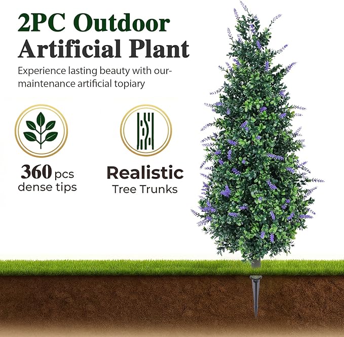 PATIO CHOICE 3ft Artificial Topiary Trees with Lavender Set of 2 Outdoor Faux Plants Artificial Realistic Fake Bushes Decorations for Outdoor Front Porch Garden (Lavender, 36in)