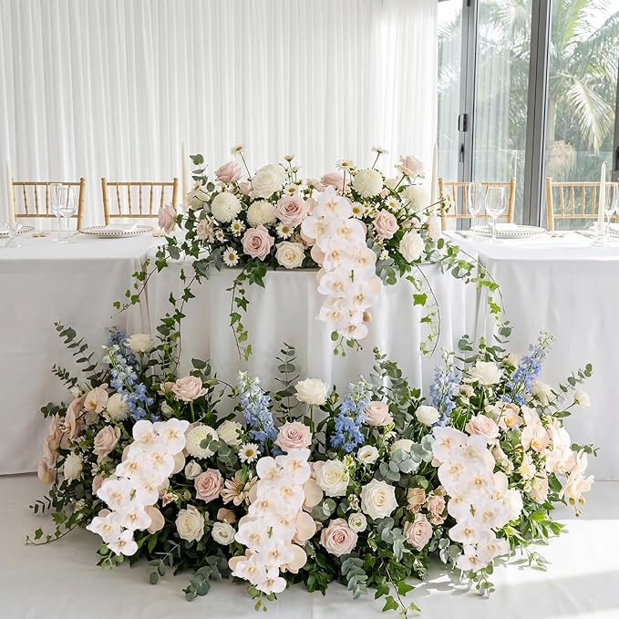 6PCS White Orchid Artificial Flowers 27’’ Fake Orchid Phalaenopsis Branches Silk Orchids for Vase Table Centerpiece Home Wedding Party Garden Decoration(Champagne)