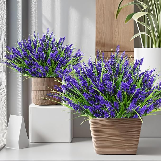 Kinisty 20 Bundles Outdoor Artificial Plants and Flowers, UV Resistant Faux Monkey Grass with Lavender and Fake Plastic Greenery for Spring Summer Outside Planter Porch Garden Decor, Purple