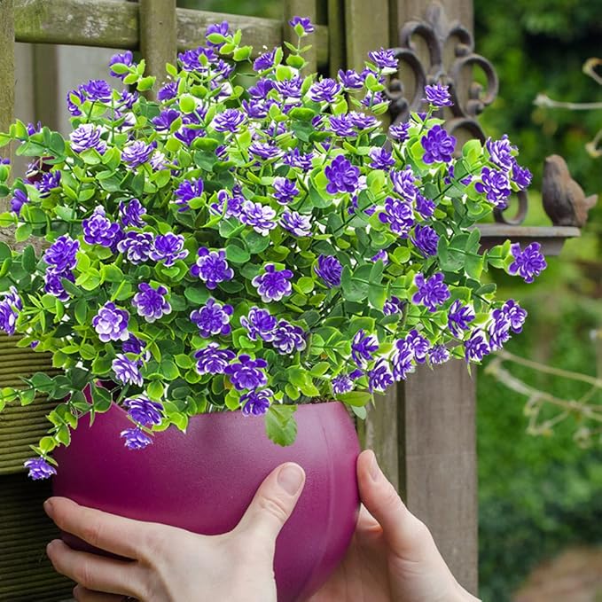 Grunyia 10 Bundles Artificial Fake Flowers, Faux Outdoor Plastic Plants UV Resistant Shrubs Outside Indoor Decorations (Blue-Eucalyptus)