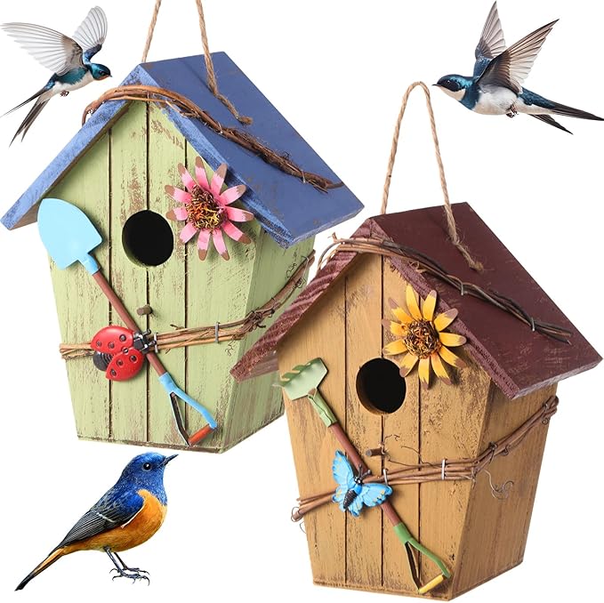 DoubleFill 2 Pcs Birdhouses for Outdoor Hanging Yard Outside Wooden Birdhouse Hand Painted Bird Box for Bird Lovers Bluebird Tree Garden Decor Decorative Birdhouse(Bright Color,Wooden Roof)