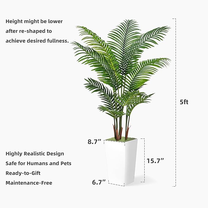 ASTIDY Artificial Palm Tree 5FT - Fake Tree with Gray Tall Planter - Faux Tropical Areca Floor Plant in Pot - Artificial Silk Plant for Home Office Living Room Decor Indoor