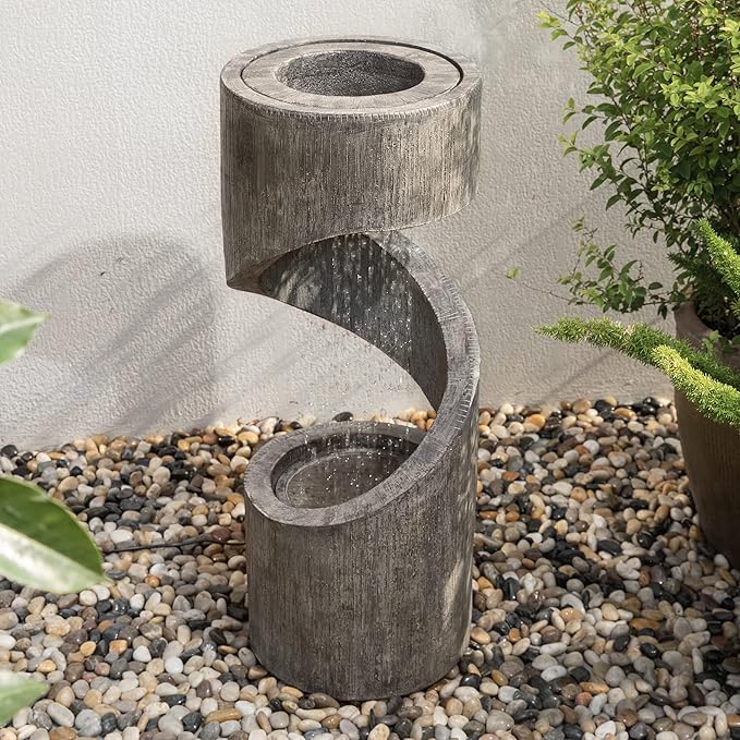 Glitzhome Outdoor Water Fountain with LED Light, Spiral Outdoor Fountain Waterfall with Stone Planter, Modern Curved Freestanding Fountain Water Feature for Garden Patio Backyard, 31.3" H