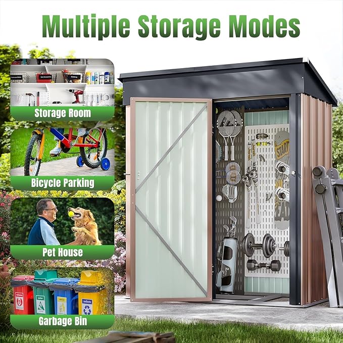 Aoxun 5' x3 ' Outdoor Metal Storage Shed with Galvanized Steel Base, Heavy-Duty Garden Tool Shed for Patio, Lawn, and Garden, Brown