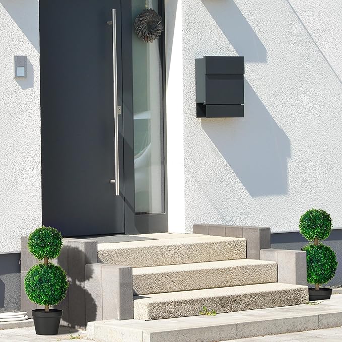 HOMCOM Set of 2 23.6" Artificial Ball Boxwood Topiary Trees with Pot, Indoor Outdoor Fake Plants for Home Office & Living Room Decor