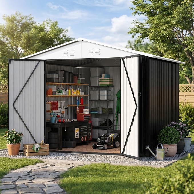Polar Aurora Outdoor Storage Shed, Metal Garden Shed with Updated Frame Structure, Tool Sheds for Backyard Garden Patio Lawn (White, 6x8 FT)