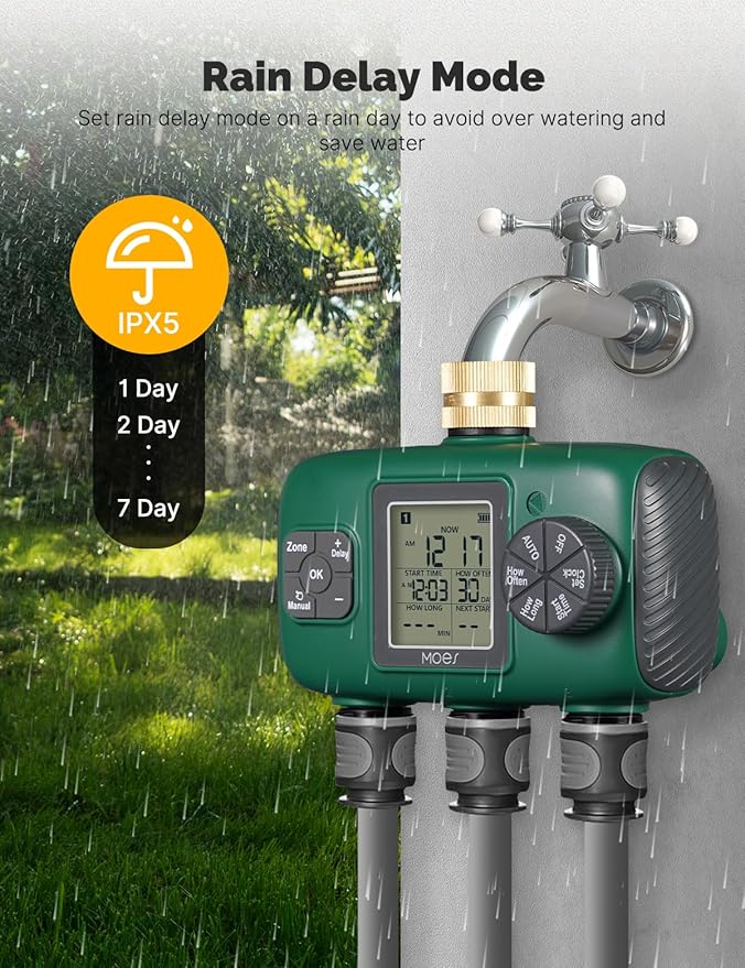 MOES 3 Outlet Sprinkler Timer, Brass Inlet, Programmable Automatic Irrigation Controller, Rain Delay, Manual Watering, 3 Zone Water Hose Timer for Gardens, Lawns