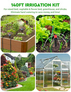 Drip Irrigation System, 40FT 1/2" Mainline & 100FT 1/4" Tubing, with Adjustable Drip Emitters Misting Sprinkler, Efficient Sprinkler System Kit for Flower Bed, Raised Bed, Greenhouse, Lawn
