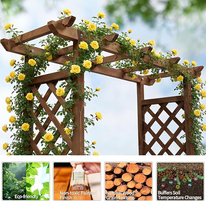 Outvita Raised Garden Bed with Trellis, Wood Planter Box with Hanging Roof, Side Trellis and Drainage Holes, Above Ground Elevated Garden Bed for Outdoor Climbing Plants Vegetables(Carbonized Color)