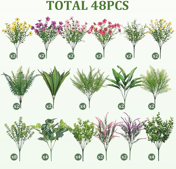 Alupssuc 48Pcs Artificial Flowers and Plants,UV Resistant & No Fade Fake Plastic Greenery Shrubs for Home Garden, Pathway, Front Porch-Spring Summer Decor, Indoor/Outdoor Use,Rosy Purple Yellow Pink