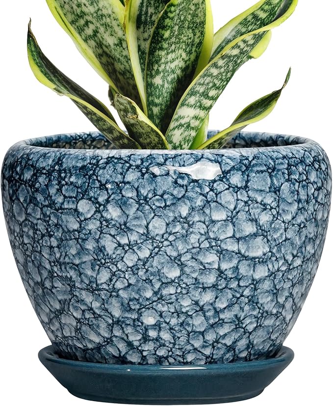Ceramic Plant Pots - 6 Inch Planter with Drainage Hole and Tray, Decorative Plant Pots for Indoor Outdoor Plants, Round Modern Flower Pot, Home Decor, Gifts for Men Women, Stone Blue