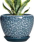 Ceramic Plant Pots - 6 Inch Planter with Drainage Hole and Tray, Decorative Plant Pots for Indoor Outdoor Plants, Round Modern Flower Pot, Home Decor, Gifts for Men Women, Stone Blue