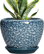 Ceramic Plant Pots - 6 Inch Planter with Drainage Hole and Tray, Decorative Plant Pots for Indoor Outdoor Plants, Round Modern Flower Pot, Home Decor, Gifts for Men Women, Stone Blue