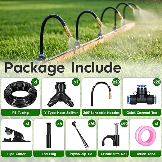 100Ft 360° Adjustable Drip Irrigation System Kit, 1/4 Inch PE Tubing with 20 Bendable Nozzles, Automatic Garden Watering System for Greenhouse, Lawn, Raised Bed, Flower Bed