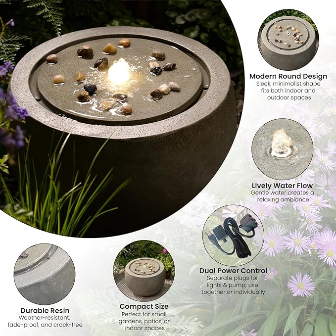 Tankana Garden Medium Water Fountain Outdoor Bubbler Water Feature Indoor with Lights & Pump and Pebbles Waterfall Fountains for Patio Deck Yard Home Decor Gray, 18 "L x 18" W x 11.5" H