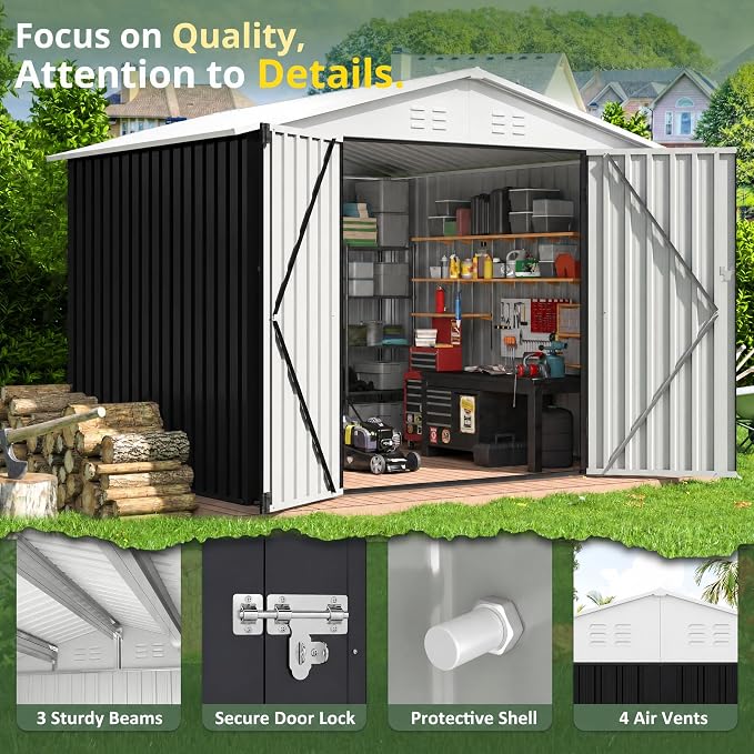 Polar Aurora Outdoor Storage Shed, Metal Garden Shed with Updated Frame Structure, Tool Sheds for Backyard Garden Patio Lawn (White, 6x8 FT)