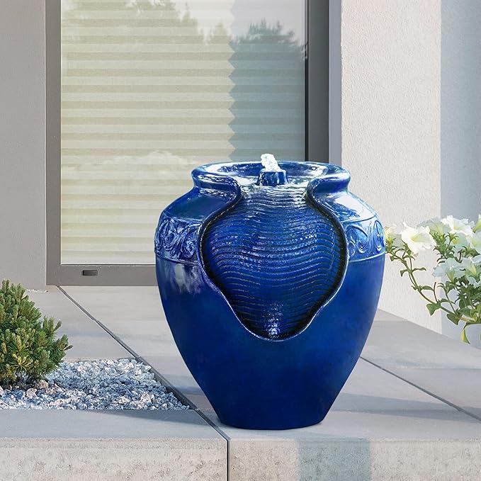 Teamson Home 16.96 in. Outdoor Glazed Pot Water Fountain with LED Lights, Built-in Pump to Create a Calming Oasis in Gardens, Landscaping, Patios, Balconies, Lawns, Royal Blue