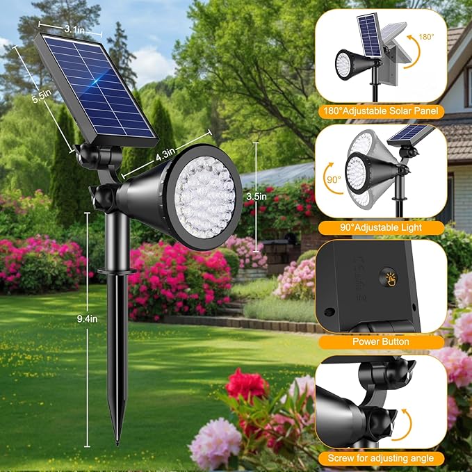 Solar Lights Outdoor Waterproof, 36 LEDs Adjustable Solar Spot Lights Outdoor, 2-in-1 Solar Powered Spotlight Landscape Lighting for Tree, Garden, Yard, Pathway- 3 Pack (Cool White)