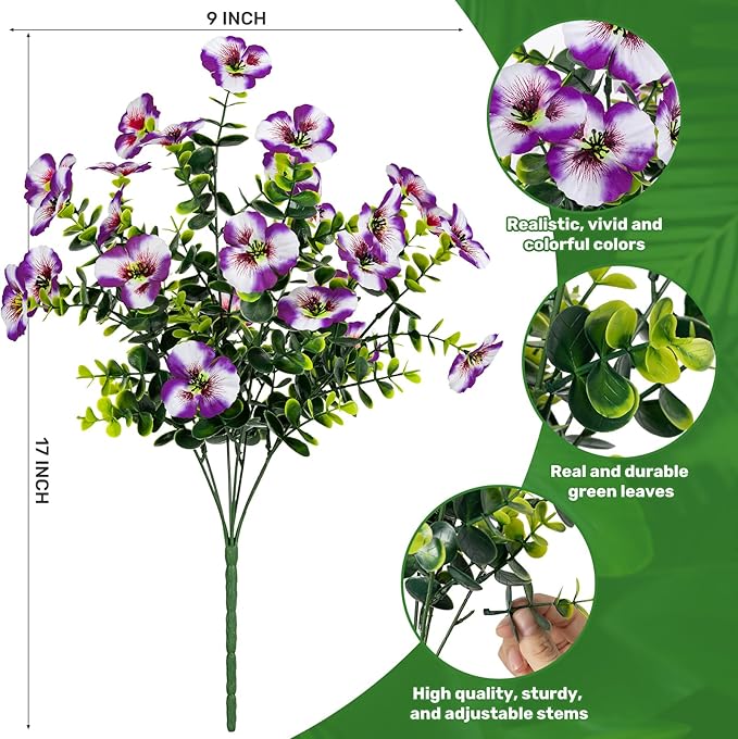 17 Inch Artificial Faux Pansy Flowers for Outdoor,Fake Pansies Flowers with Eucalyptus Leaves Fake Plants Greenery Boxwood Porch Patio Decor 6 Bundles(Dark Purple,Lotus Purple,Purple White)