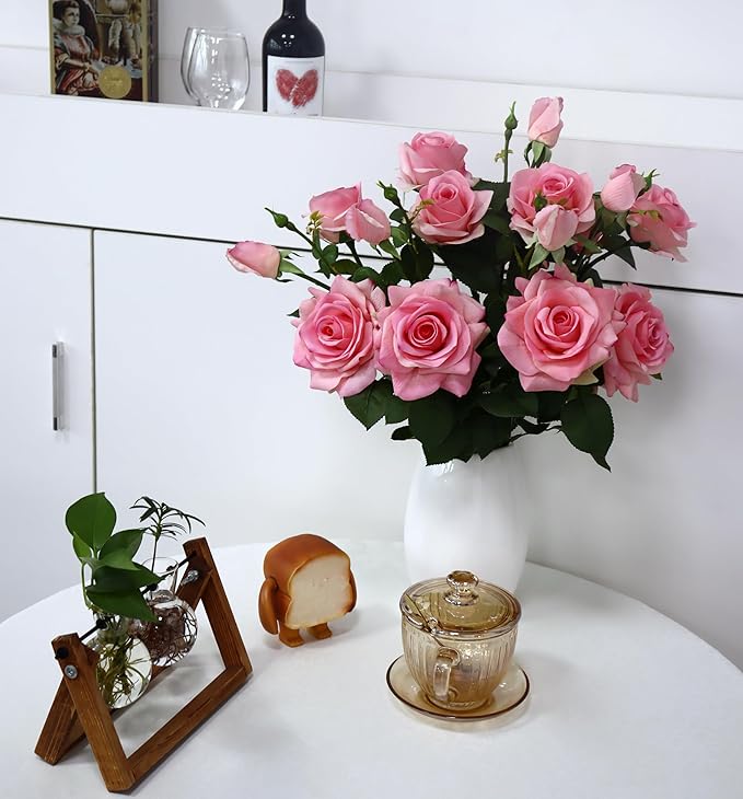 Pink Roses Artificial Flowers Indoor,Realistic Fake Flowers 5 Bouquets (15 Heads) for Living Room Decor,Real Touch Fake Plants for Bathroom Kitchen Office Wedding Table Shower Decor (No Vase)
