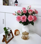 Pink Roses Artificial Flowers Indoor,Realistic Fake Flowers 5 Bouquets (15 Heads) for Living Room Decor,Real Touch Fake Plants for Bathroom Kitchen Office Wedding Table Shower Decor (No Vase)