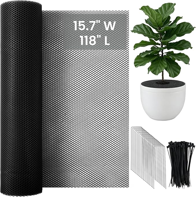 Plant Pot Grid Set, 15.7" W x 118" L Indoor Plant Protector from Cats, Pot Soil Cover Protector from Animals with Stakes & Zip Ties for Garden Balcony, Fits Different Pot Sizes(Black)