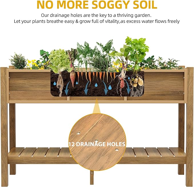 DWVO 48x18x30in Raised Garden Bed HDPE, Poly Wood Planter Box Stand,Weather-Resistant Planter Box with Legs, Elevated Garden Bed for Backyard, Patio, Balcony,Brown
