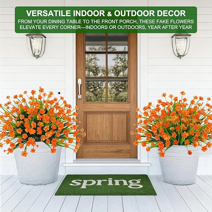 20 Bundles Artificial Flowers for Outdoors Summer Decor-UV Resistant No Fade Fake Mums Faux Plants Plastic Flowers Greenery for Home Porch Gardens Fireplace Patio Indoor Outsides Decor(Orange Red)