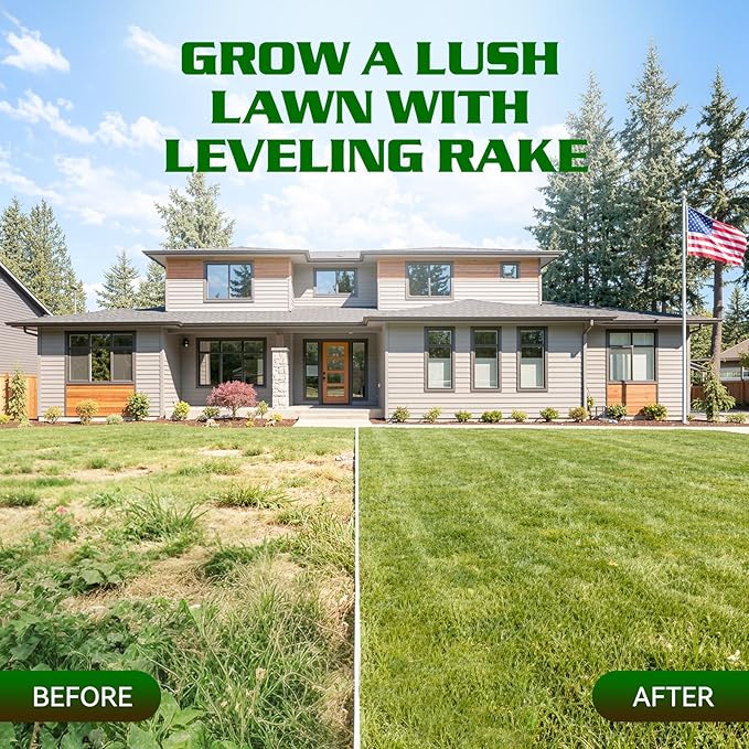 Housolution 32"x10" Lawn Leveling Rake with Serrated Edge & Smooth Plate, Heavy-Duty Stainless Leveling Rake with 72" Adjustable Handle, Serrated Rake for Soil/Dirt/Compost/Dead Grass/Gravel