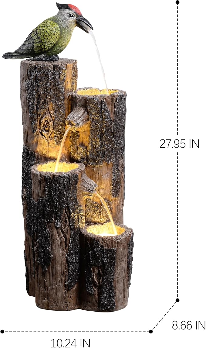 GOSSI Water Fountain Outdoor with Hummingbird, Cascading Waterfall Fountain, Rustic Log Design with LED Lights for Garden Decor