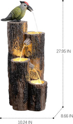 GOSSI Water Fountain Outdoor with Hummingbird, Cascading Waterfall Fountain, Rustic Log Design with LED Lights for Garden Decor