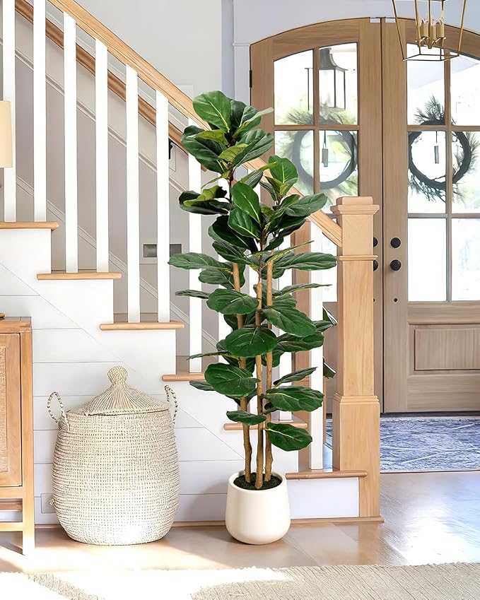 Artificial Fiddle Leaf Fig Tree in Modern White Planter, 5ft Large Fake Tree with 3 Sturdy Trunks, Fake Plants Faux Fig Tree with Moss, Lifelike Tall Artificial Plants Indoor for Office Home Decor