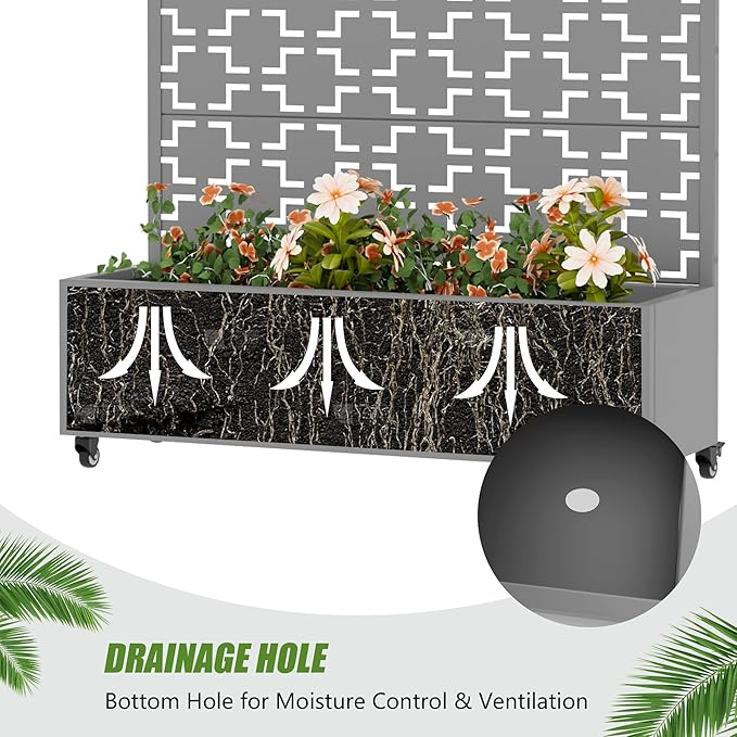 Casaphoria Metal Raised Garden Bed with Trellis and Wheels, 47"x47"x16" Planter Box for Climbing Plants, Vegetables & Vines, Features Drainage Holes and Privacy Screen, Grey-Square