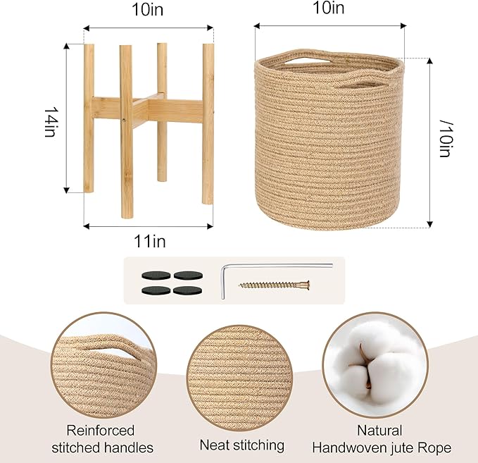 Plant Basket with Stand, Indoor Round Wicker Basket Plant with Bamboo Wood Stand, Decorative Woven Rope Flower Indoor Planter with Legs, Boho Bamboo Wood Planter Holder (Jute)