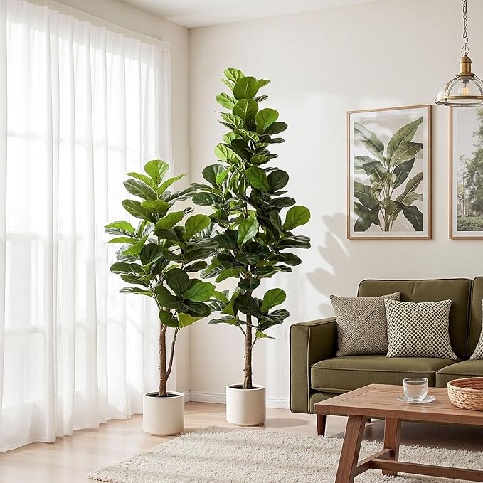 Artificial Fiddle Leaf Fig Tree 5FT with Planter Faux Trees Indoor Tall Artificial Tree, Stable Base, 58 Realistic Leaves, for Indoor/Outdoor Home Office Living Room Decor, Housewarming Gift