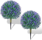 25.6" Artificial Lavender Topiary Ball Plants, 2 Pack Faux Bushes with Spike – UV Resistant & Fade Resistant Artificial Shrubs, Spring Artificial Plants for Indoor Outdoor Front Porch Garden