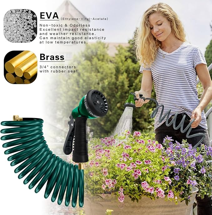Coil Hose 15FT EVA Coil Garden Hose With 3/4'' Brass Connector Coiled Water Hose Lightweight And No Kink Includes 7 Patterns Spray Nozzle For Outdoors Lawn Watering Car Washing